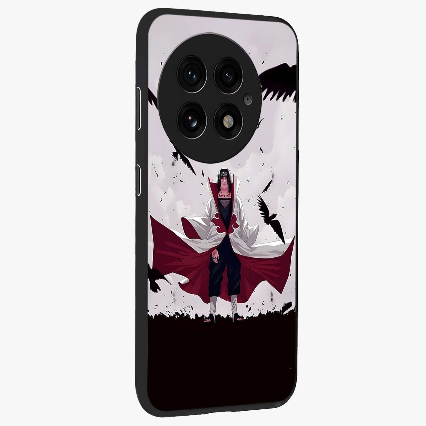 Crimson Crow Ascension Glass Case for 1+13 side perspective highlighting intricate crow detailing and premium texture
