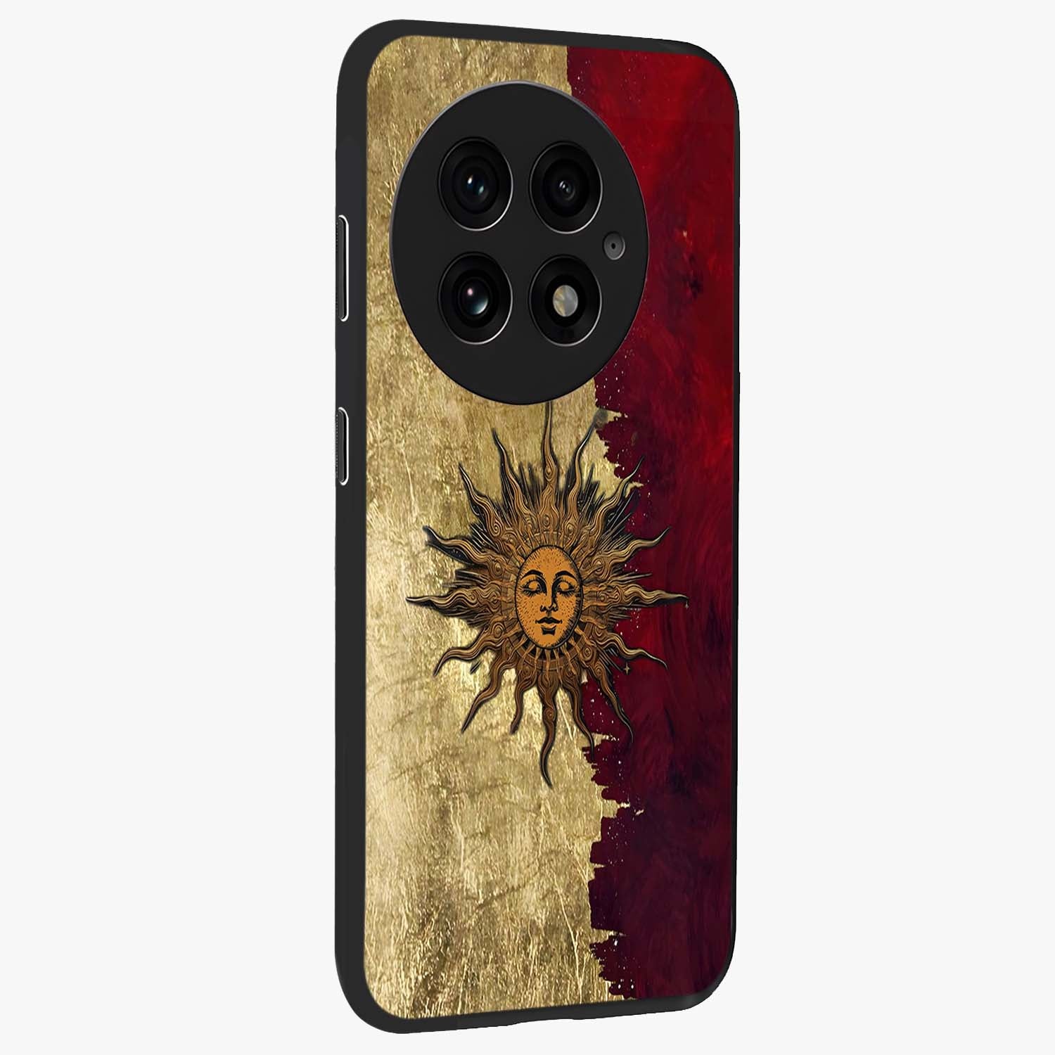 Crimson Sun Majesty Glass Case for 1+13 side perspective highlighting vibrant sun detailing and smooth edges