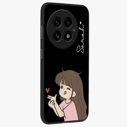 Cute Girl Firing Heart Glass Case for 1+13 side perspective highlighting playful design elements and sleek build