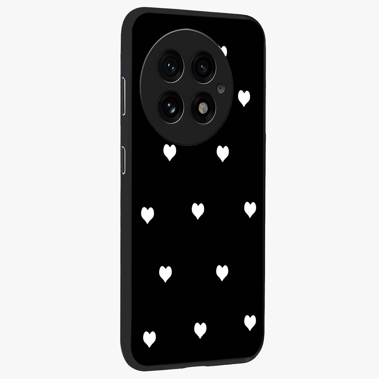 Cute Simple White Hearts Glass Case for 1+13 side perspective highlighting dramatic contrast and premium build