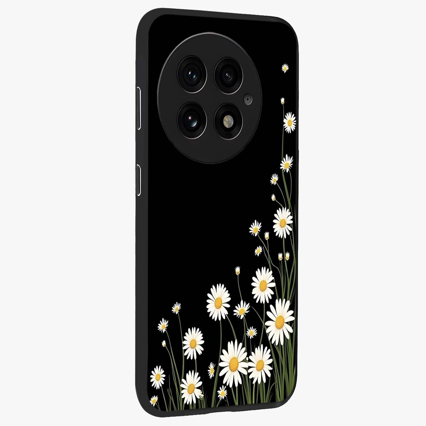 Daisy Cascade on Black Glass Case for 1+13 side perspective highlighting delicate daisy detailing and smooth edges