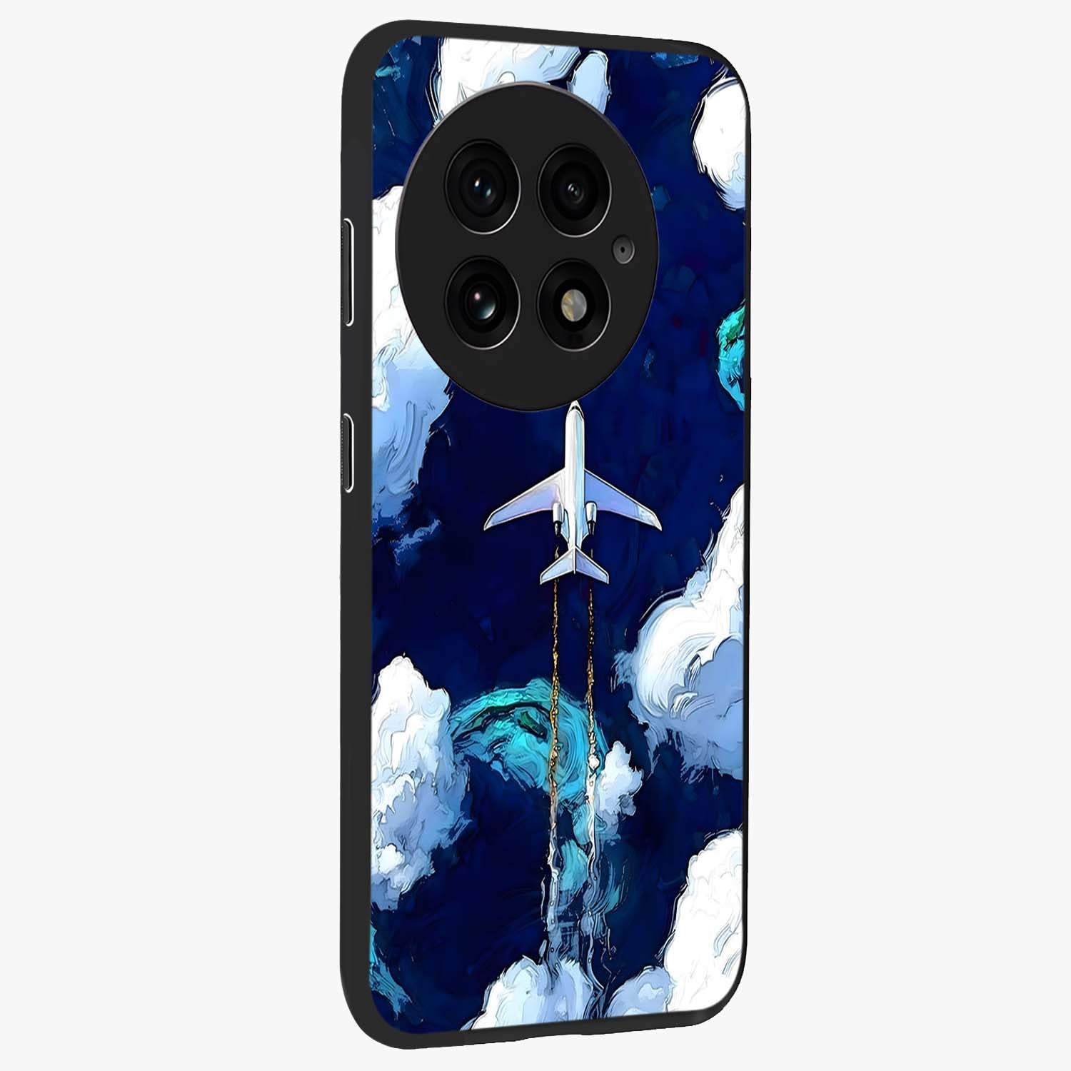 Dark Airplane Glass Case for 1+13 side perspective highlighting sleek aviation detailing and premium build