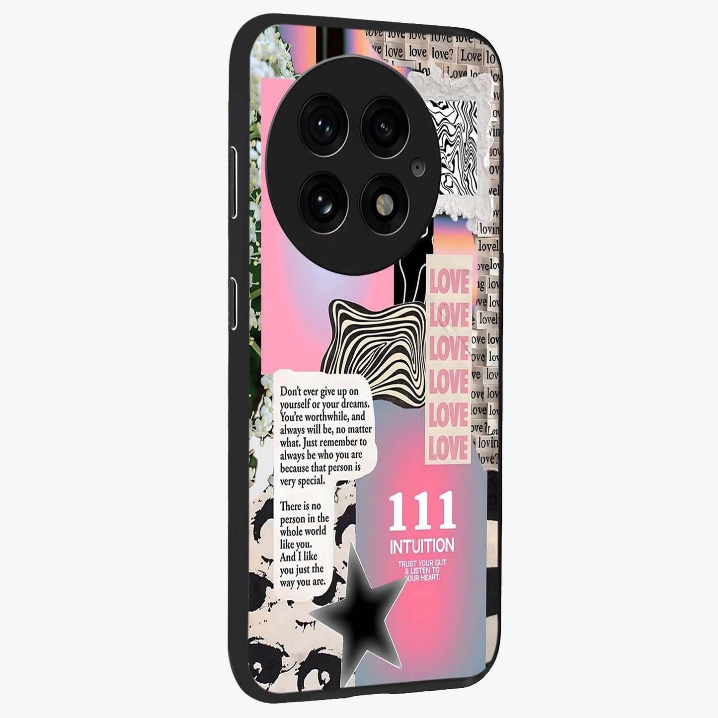 Divine Love Vibes Glass Case for 1+13 side perspective highlighting elegant detailing and smooth build
