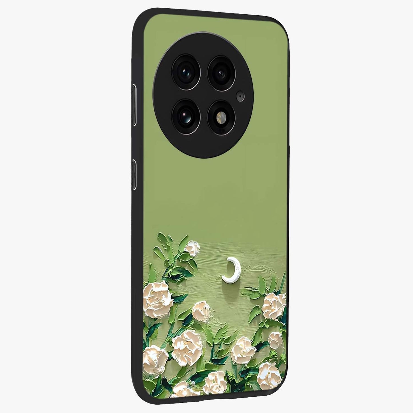 Emerald Bloom Calm Glass Case for 1+13 side perspective highlighting delicate bloom detailing and smooth edges