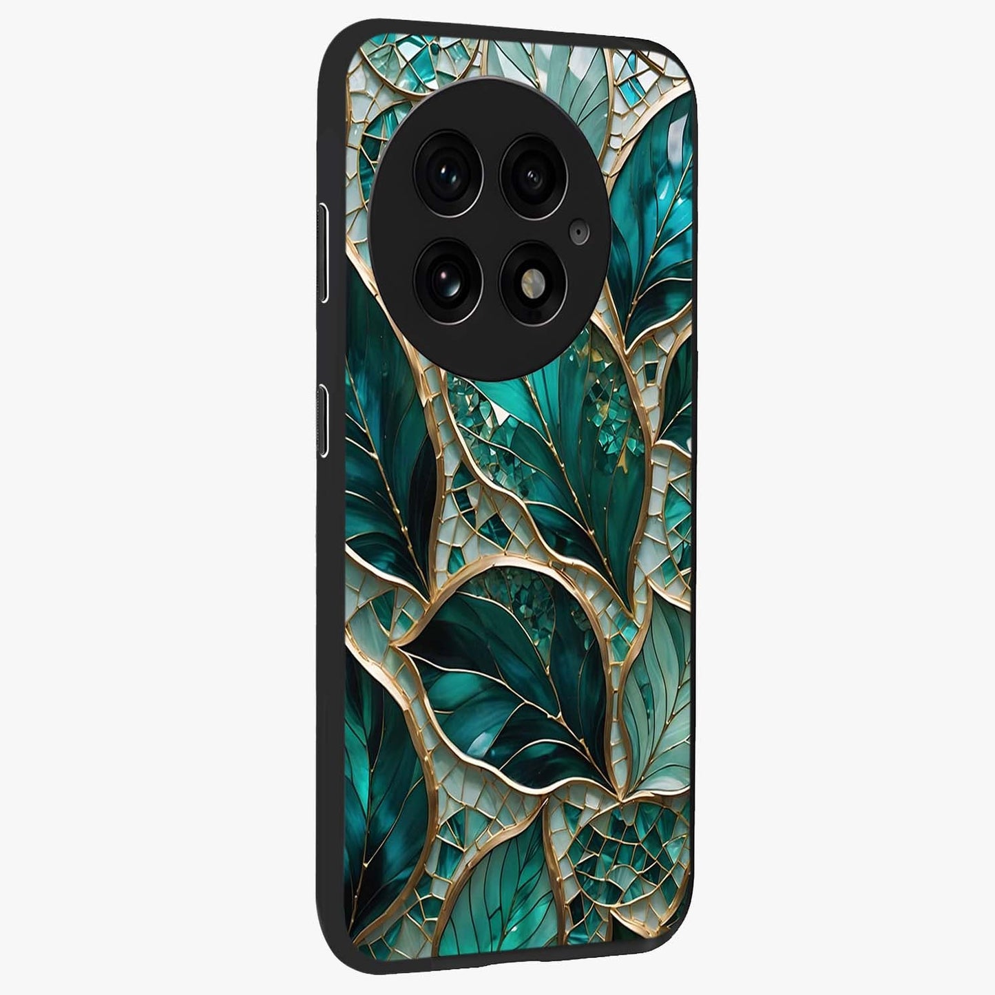 Emerald Leaf Glass Case for 1+13 side perspective highlighting refined leaf textures and sleek build