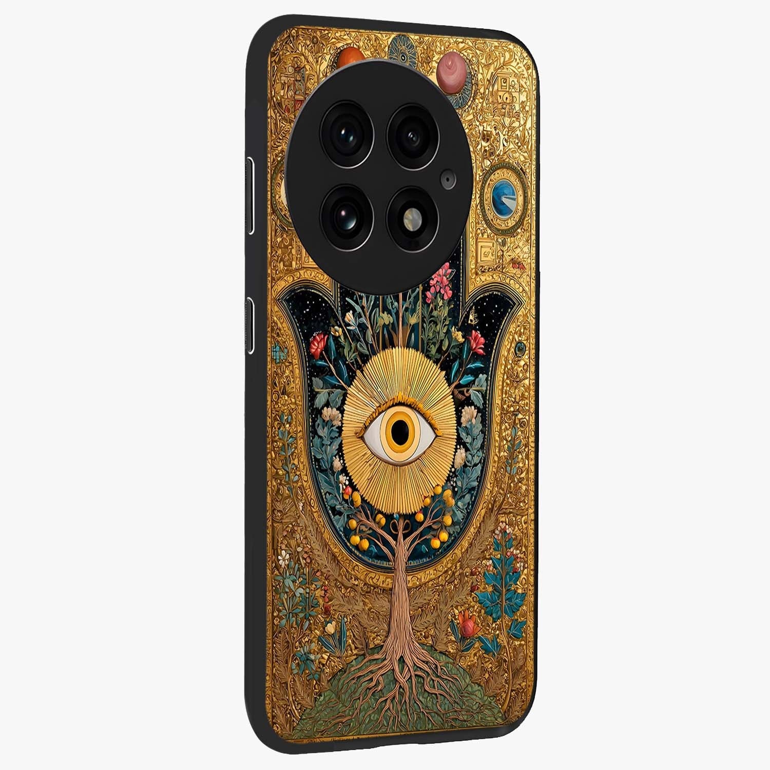 Ethereal Evil Eye Glass Case for 1+13 side perspective highlighting delicate protective detailing and smooth edges