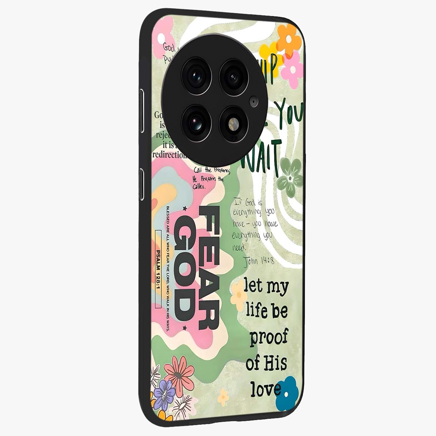Faith Over Fear Glass Case for 1+13 side perspective highlighting powerful text detailing and premium edges