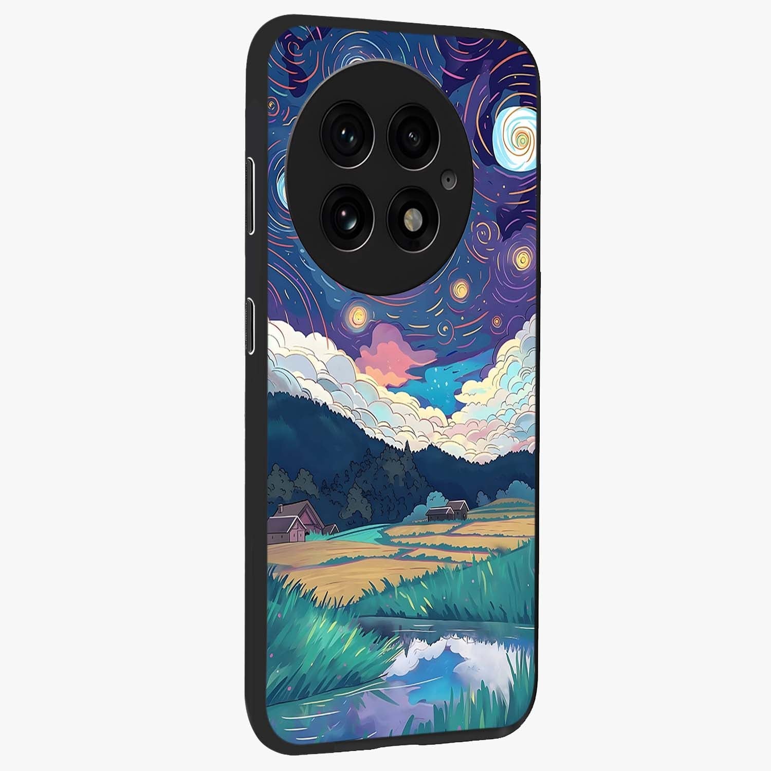 Fields Beneath the Cosmos Glass Case for 1+13 side perspective highlighting serene landscape textures and premium edges