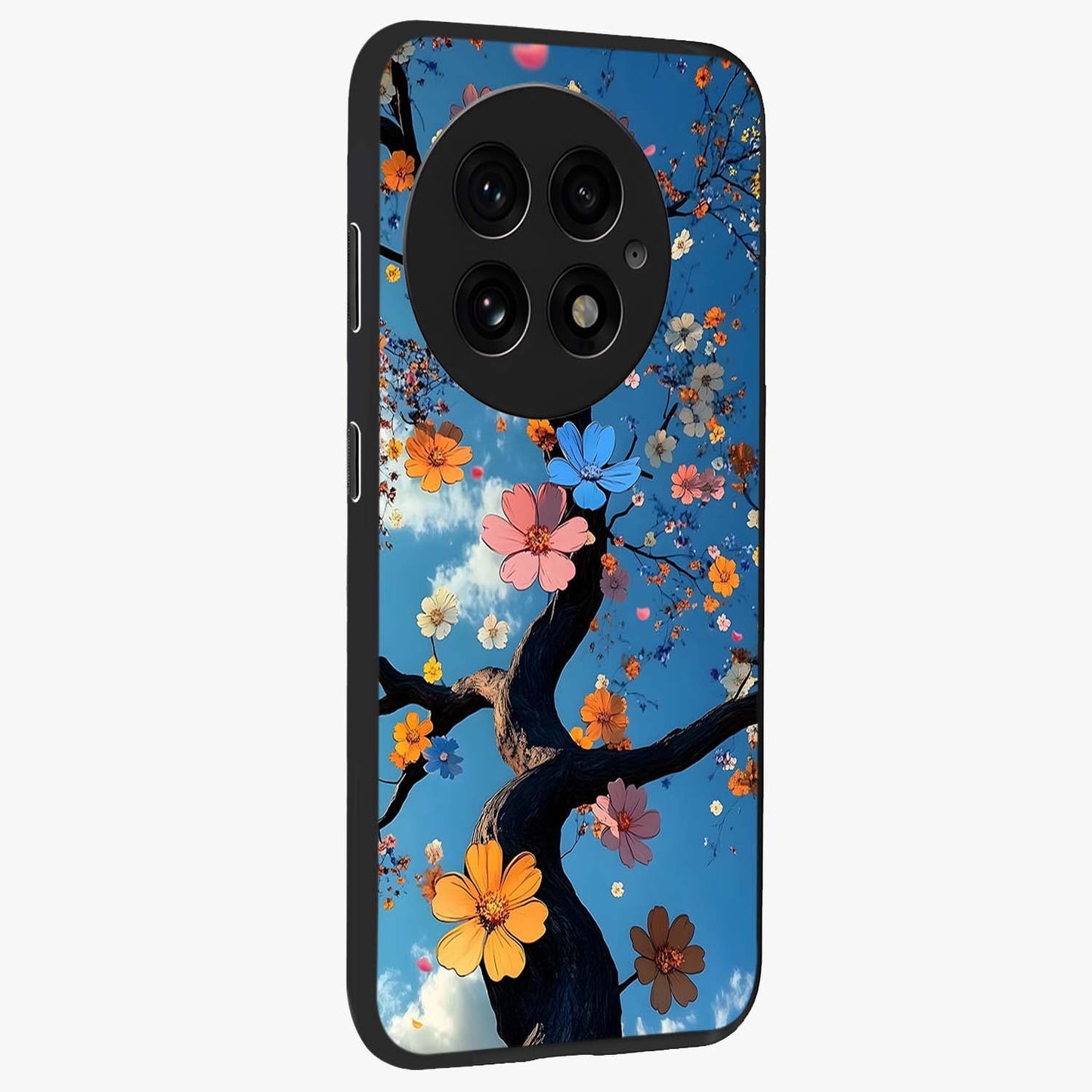 Floral Tree Glass Case for 1+13 side perspective highlighting vibrant floral patterns and sleek edges