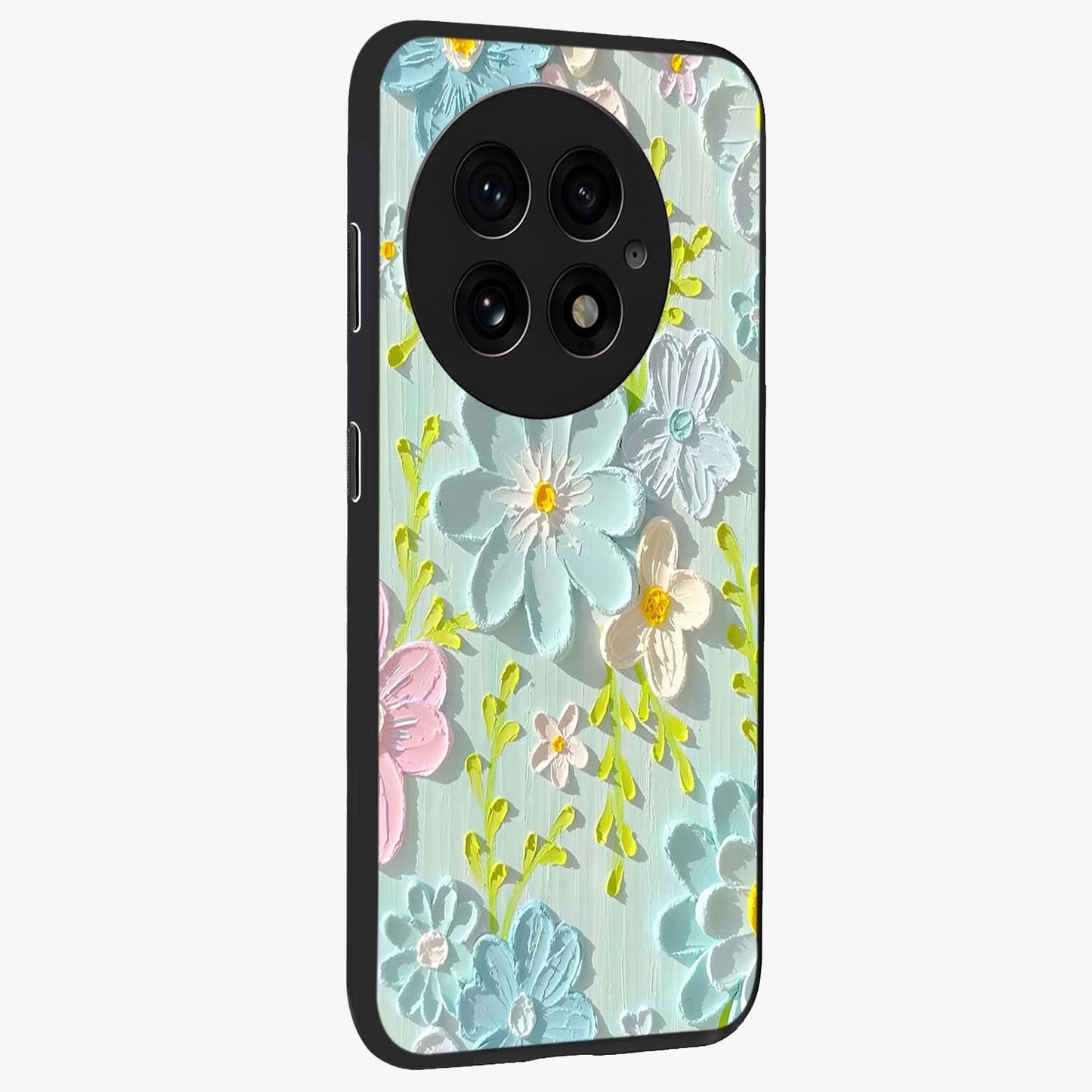Frosted Petal Garden Glass Case for 1+13 side perspective highlighting subtle petal textures and sleek premium build