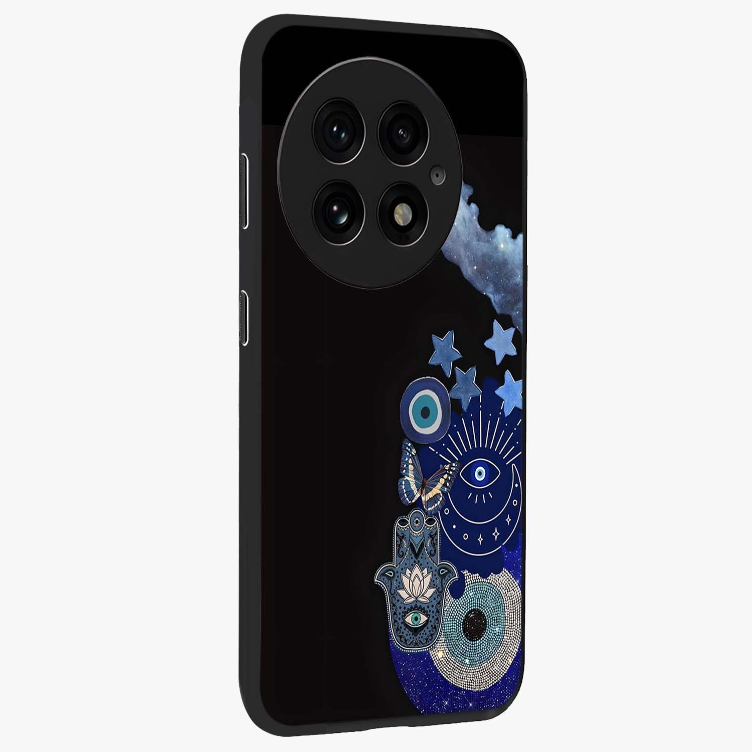 Galactic Charm Cluster Glass Case for 1+13 side perspective highlighting glowing textures and premium edge finish