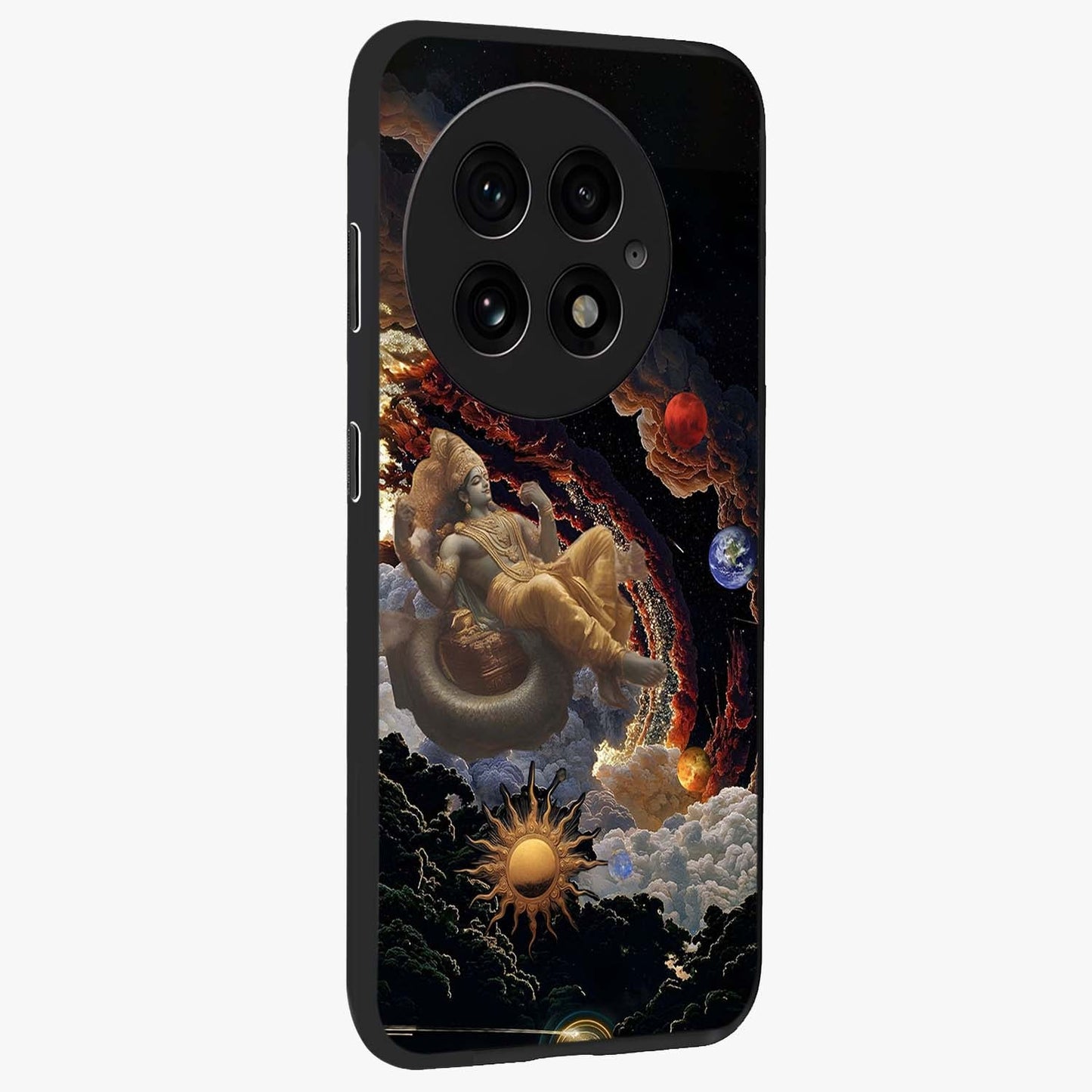 Galactic Divine God Glass Case for 1+13 side perspective highlighting intricate divine detailing and premium edge finish