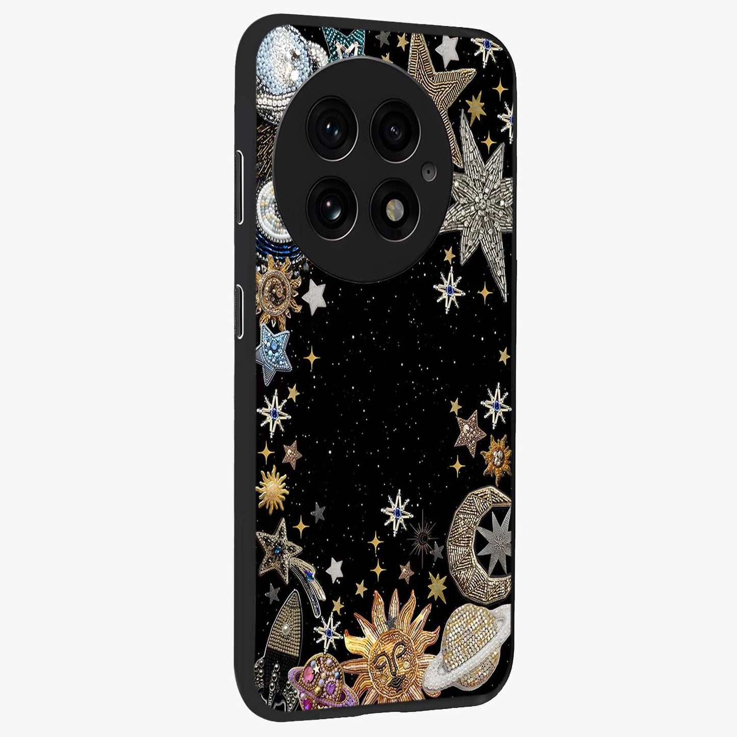 Galactic Jewel Stars Glass Case for 1+13 side perspective highlighting shimmering textures and premium edges