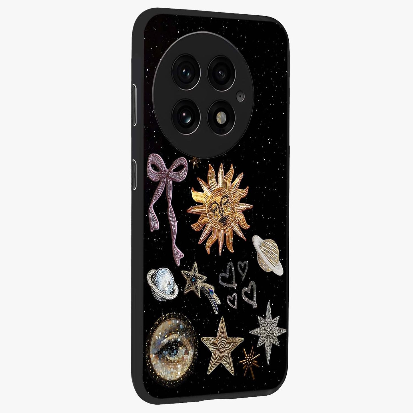 Galactic Sun Charm Glass Case for 1+13 side perspective highlighting glowing sun detailing and premium edge finish