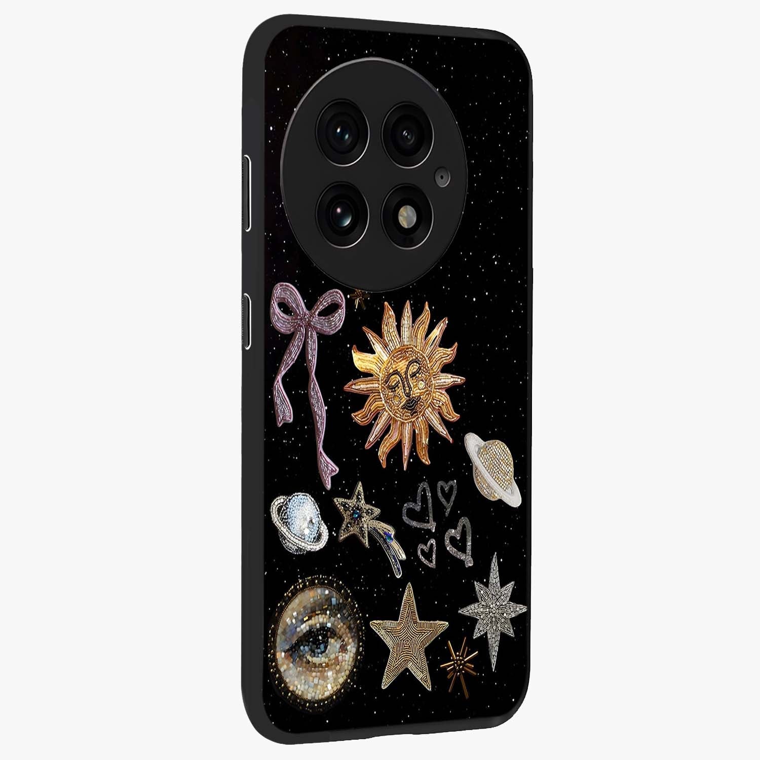 Galactic Sun Charm Glass Case for 1+13 side perspective highlighting glowing sun detailing and premium edge finish