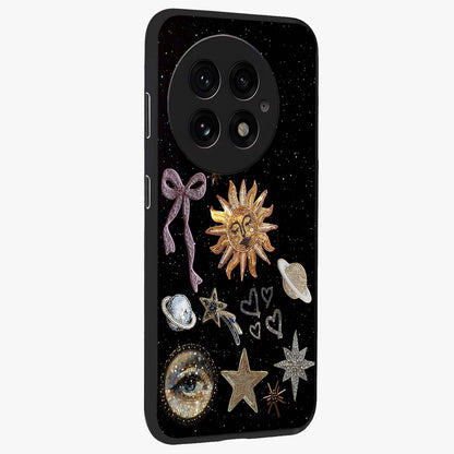 Galactic Sun Charm Glass Case for 1+13 side perspective highlighting glowing sun detailing and premium edge finish