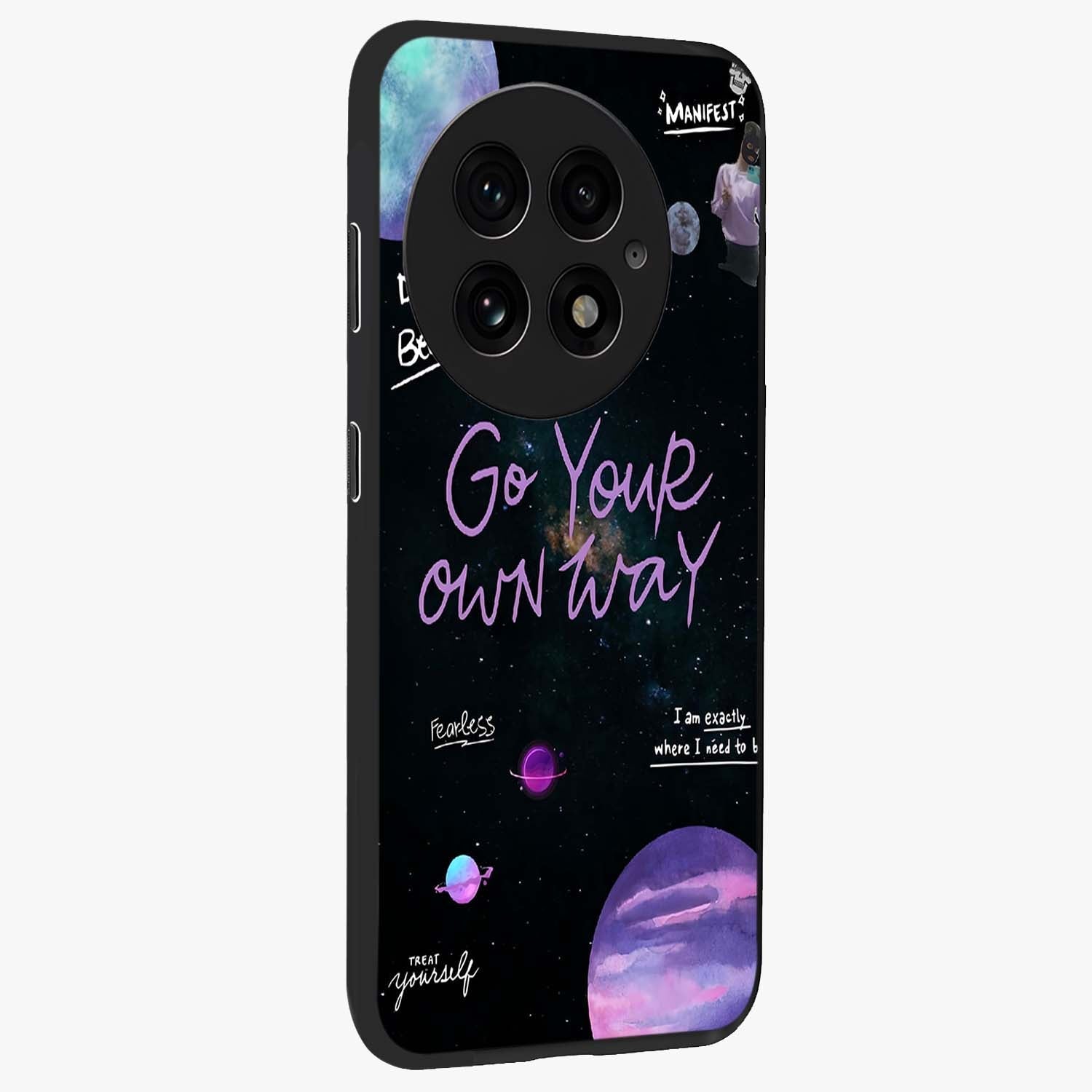 Galactic Vibes Universe Glass Case for 1+13 side perspective highlighting bold cosmic textures and sleek build