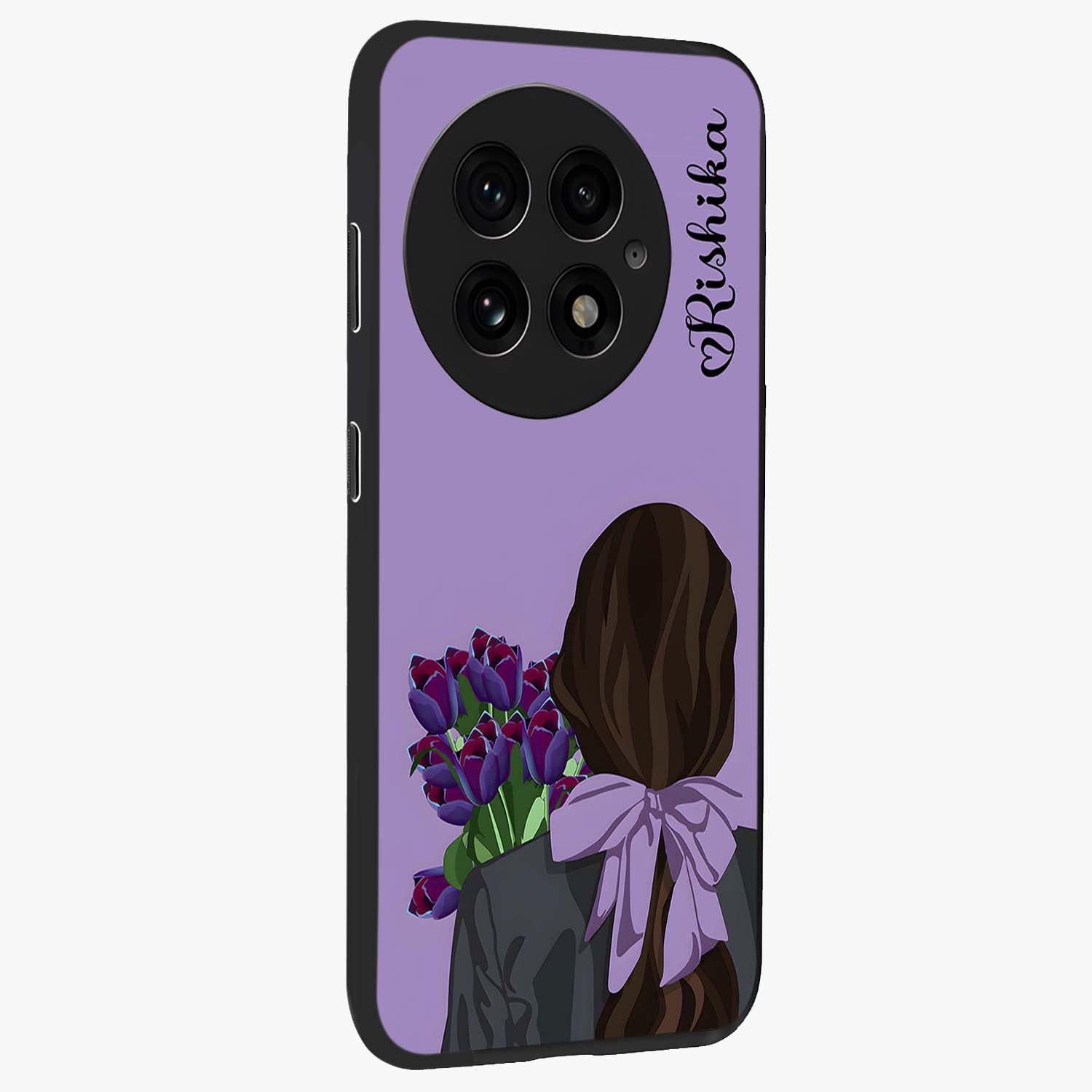 Girl Holding Flowers Glass Case for 1+13 side perspective highlighting delicate floral detailing and premium edges