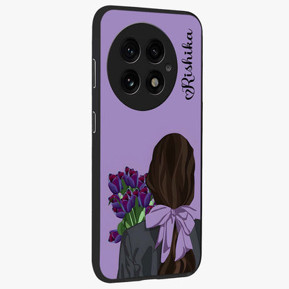 Girl Holding Flowers Glass Case for 1+13 side perspective highlighting delicate floral detailing and premium edges