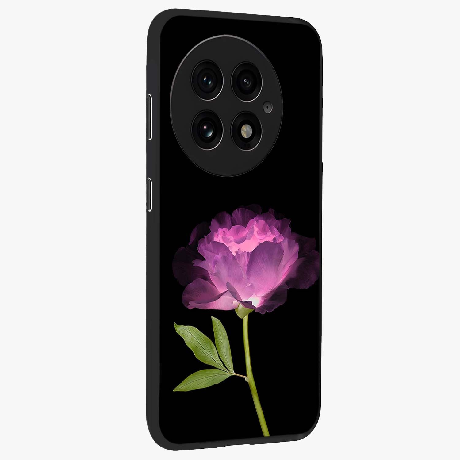 Glow Petal Bloom Glass Case for 1+13 side perspective highlighting glowing bloom textures and sleek edges