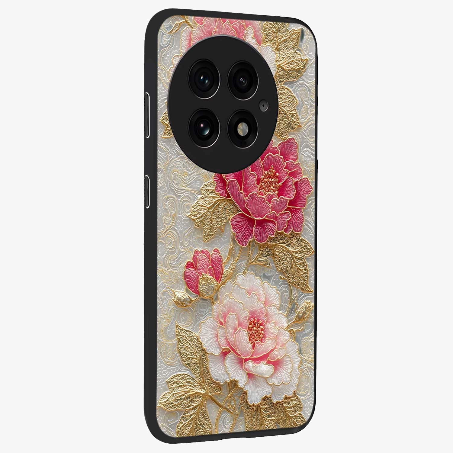Golden Celestial Charm Glass Case for 1+13 side perspective highlighting luminous detailing and premium edge finish