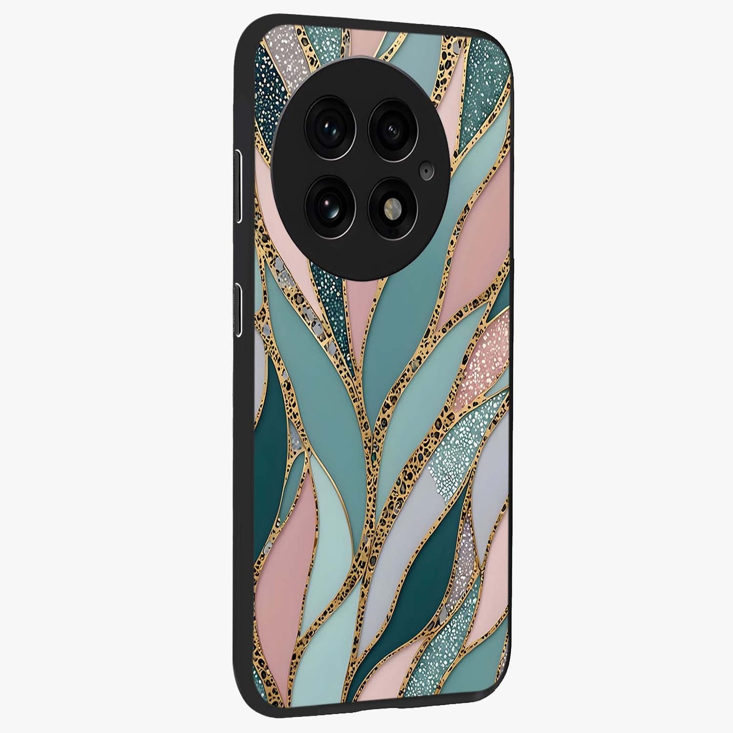 Golden Lotus Glow Glass Case for 1+13 side perspective highlighting intricate lotus detailing and premium edge finish