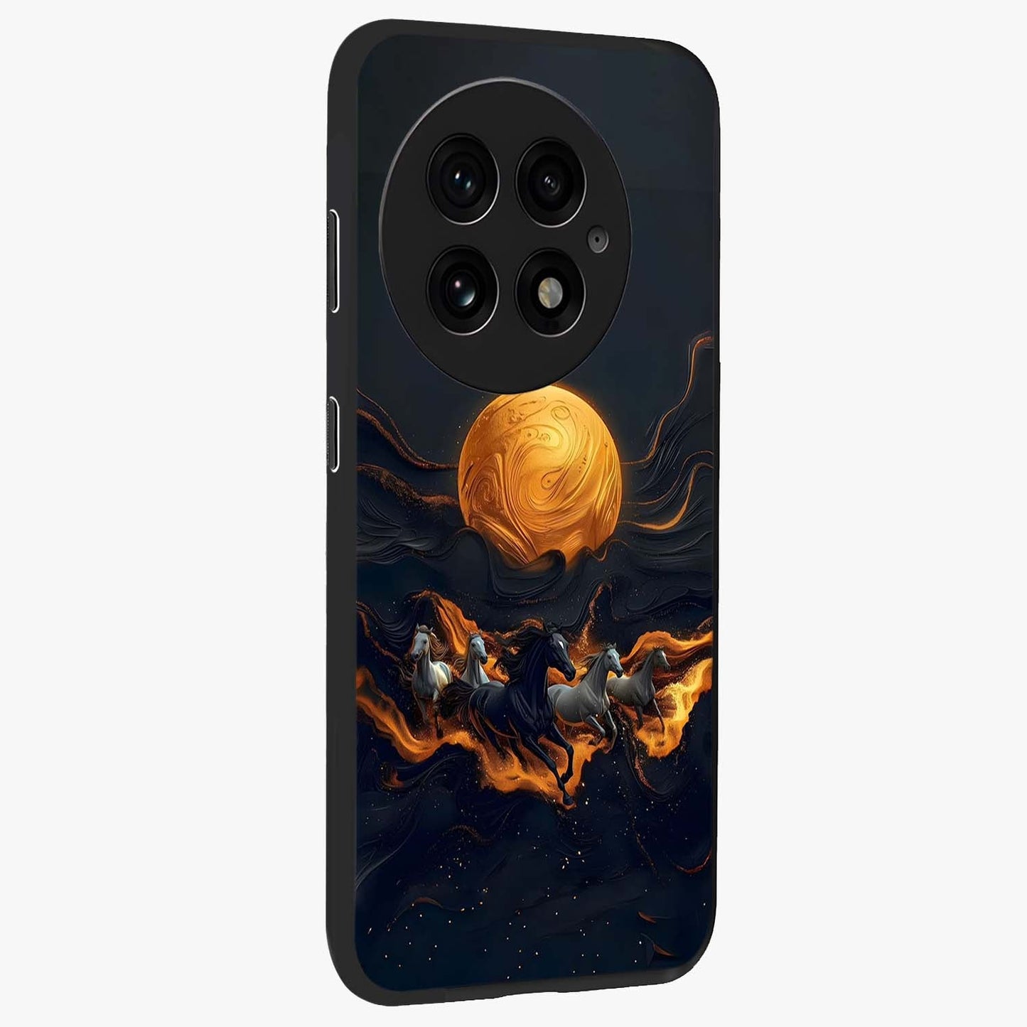 Golden Sun Majesty Glass Case for 1+13 side perspective highlighting glowing sun detailing and premium edges