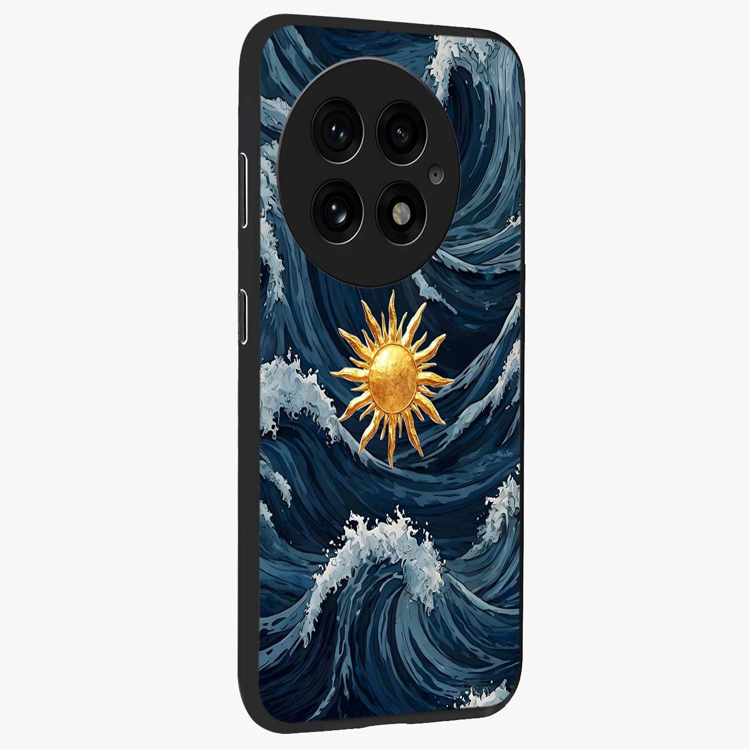 Gold Sun Blush Glass Case for 1+13 side perspective highlighting radiant textures and smooth premium build