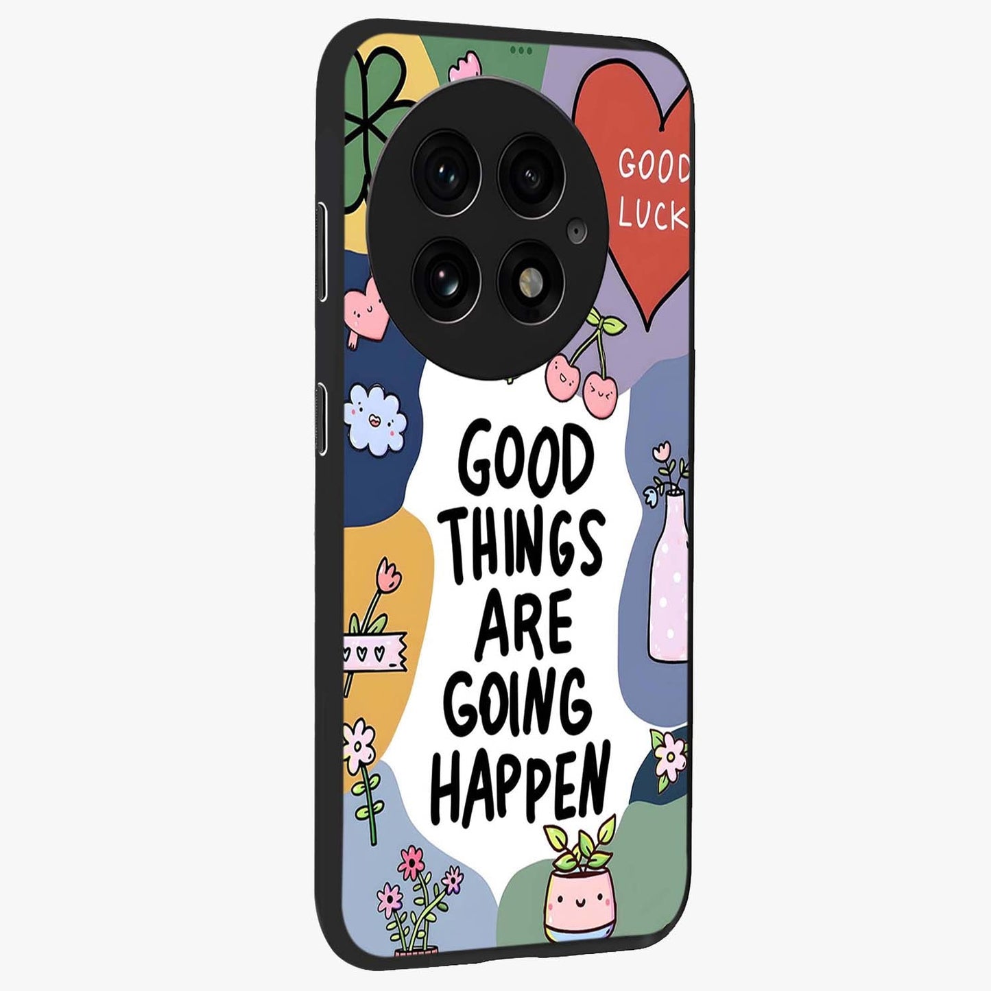 Good Thing Quote Glass Case for 1+13 side perspective highlighting bold text detailing and sleek premium build