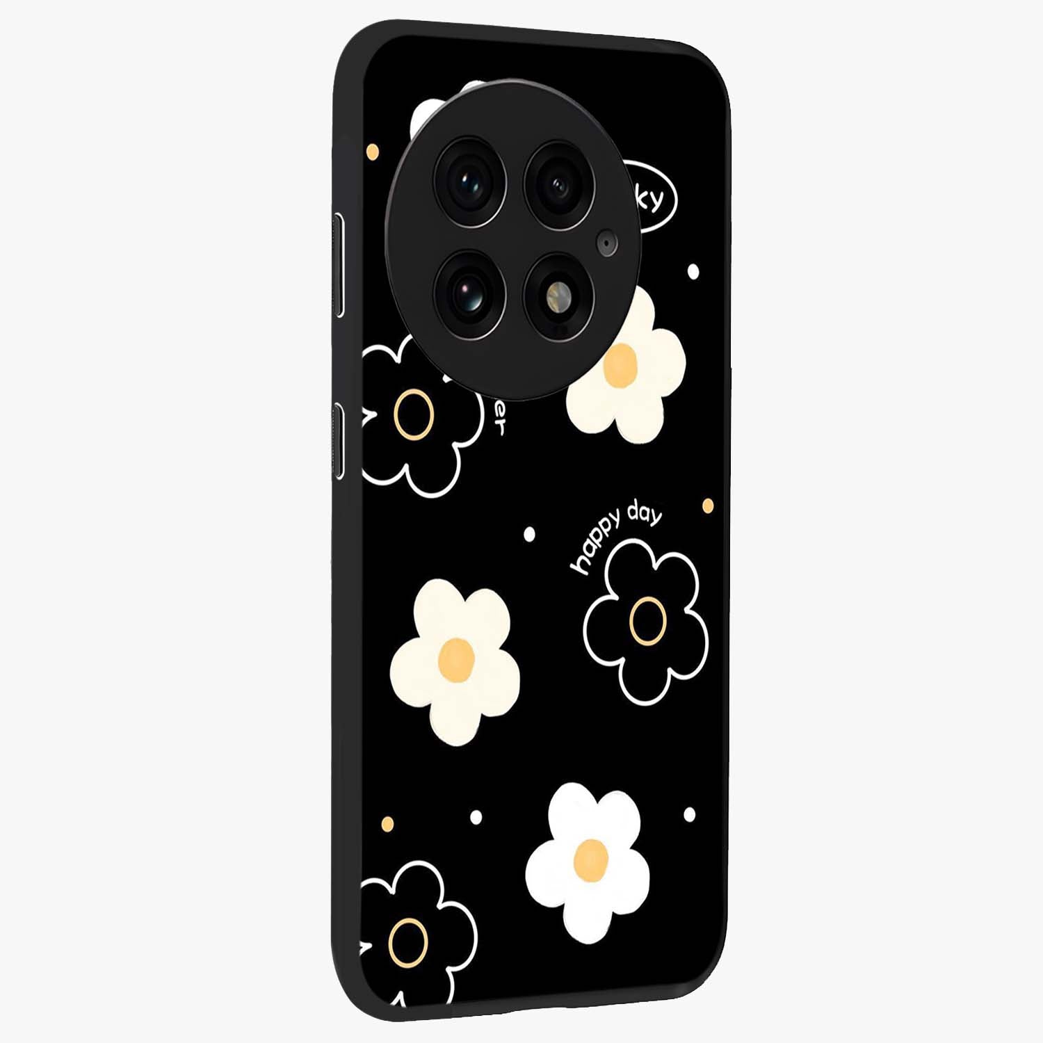 Happy Day Daisy Glass Case for 1+13 side perspective highlighting fresh floral textures and premium edges