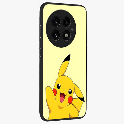 Happy Electric Pikachu Glass Case for 1+13 side perspective highlighting lively character detailing and sleek build