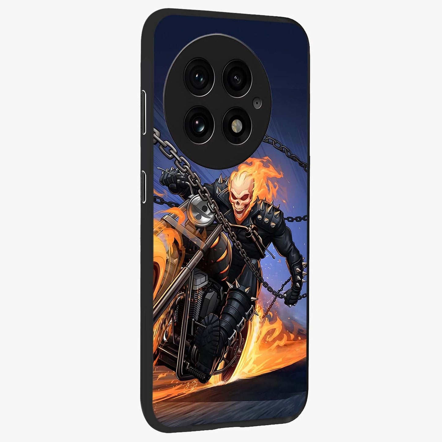 Inferno Chain Rider Glass Case for 1+13 displayed upright for bold action visibility and premium finish.
