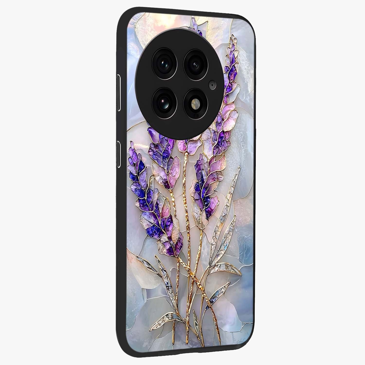 Lavender Dream Glow Glass Case for 1+13 side perspective highlighting vibrant textures and smooth premium build
