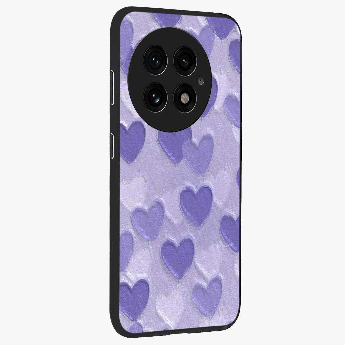 Lavender Paper Hearts Glass Case for 1+13 side perspective highlighting delicate heart textures and sleek build