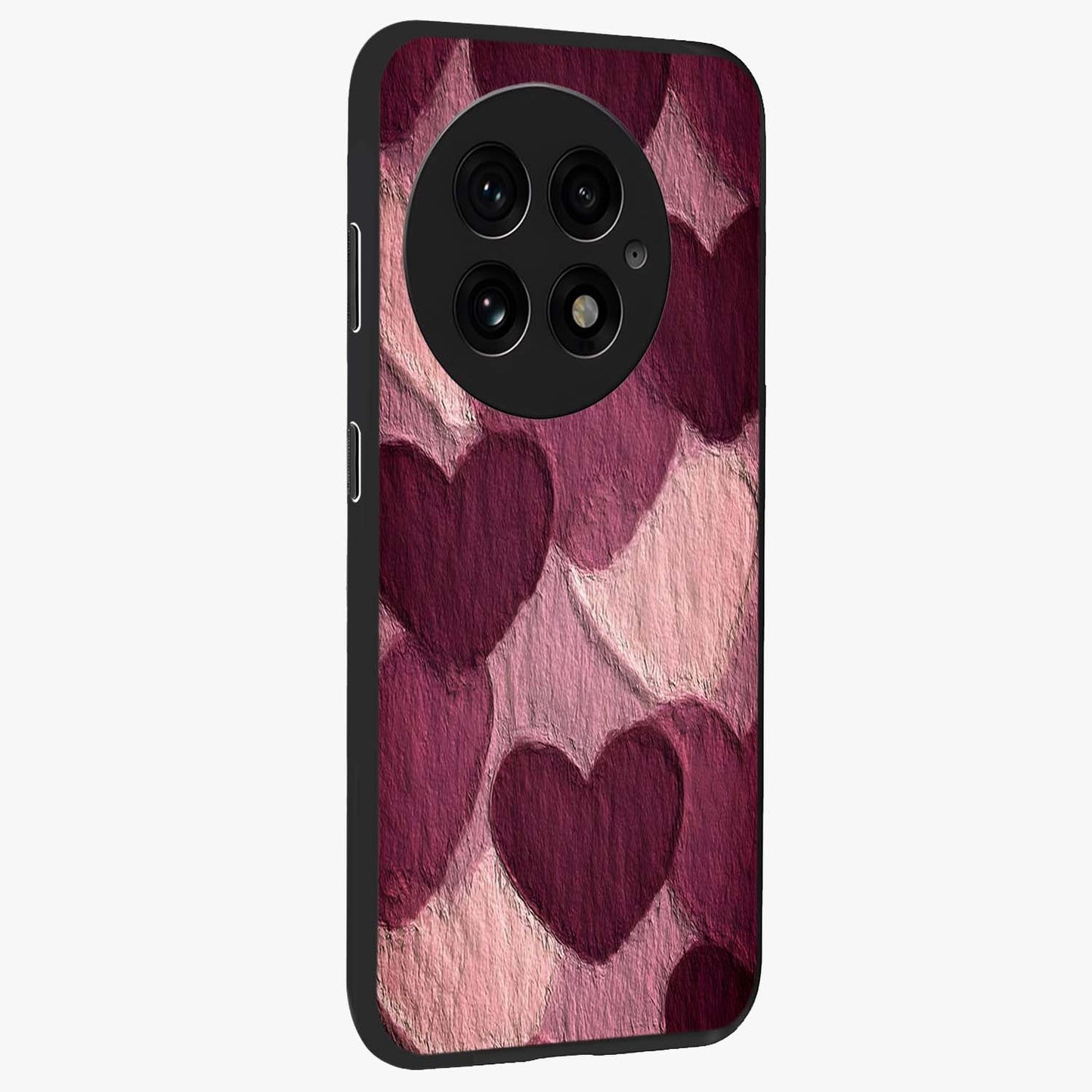 Layered Paper Hearts Glass Case for 1+13 side perspective highlighting layered texture detailing and premium edges