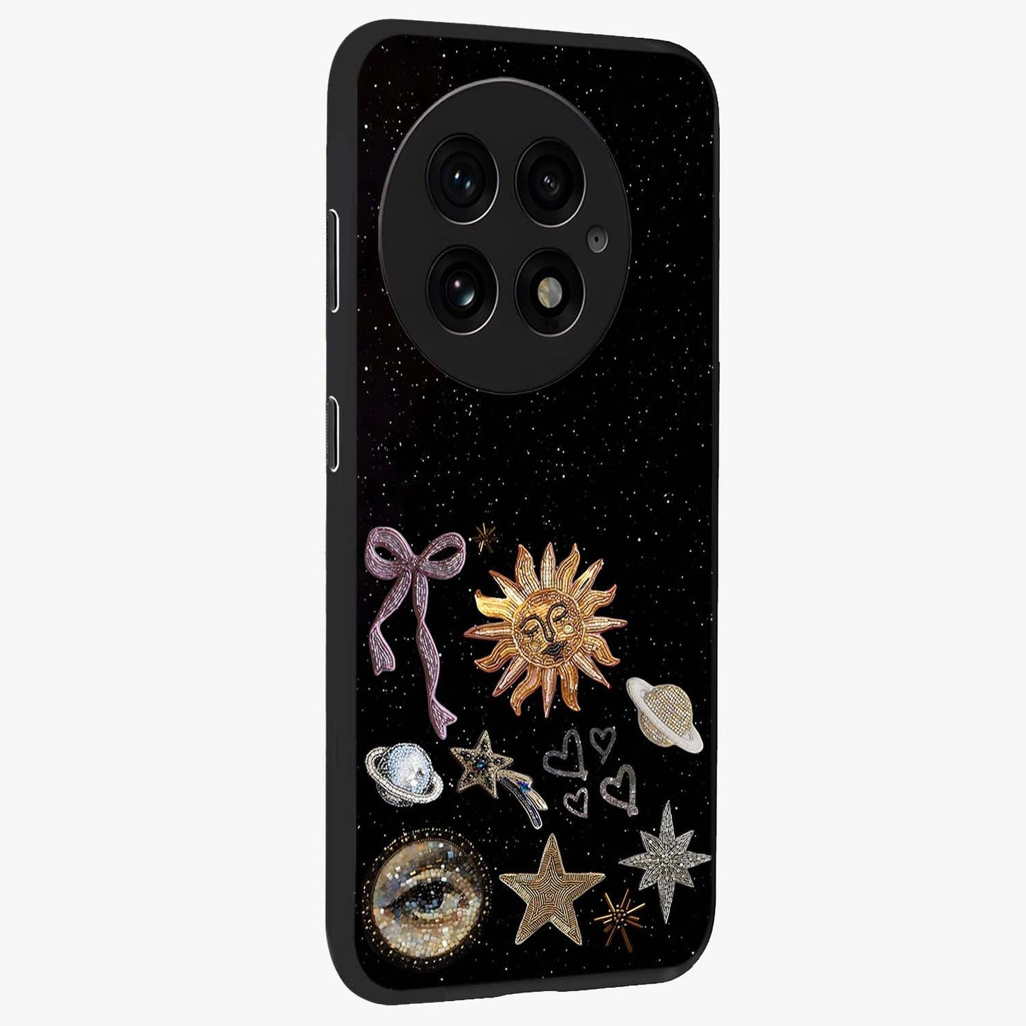 Magical Jewelry Vibe Glass Case for 1+13 side perspective highlighting radiant textures and sleek premium build