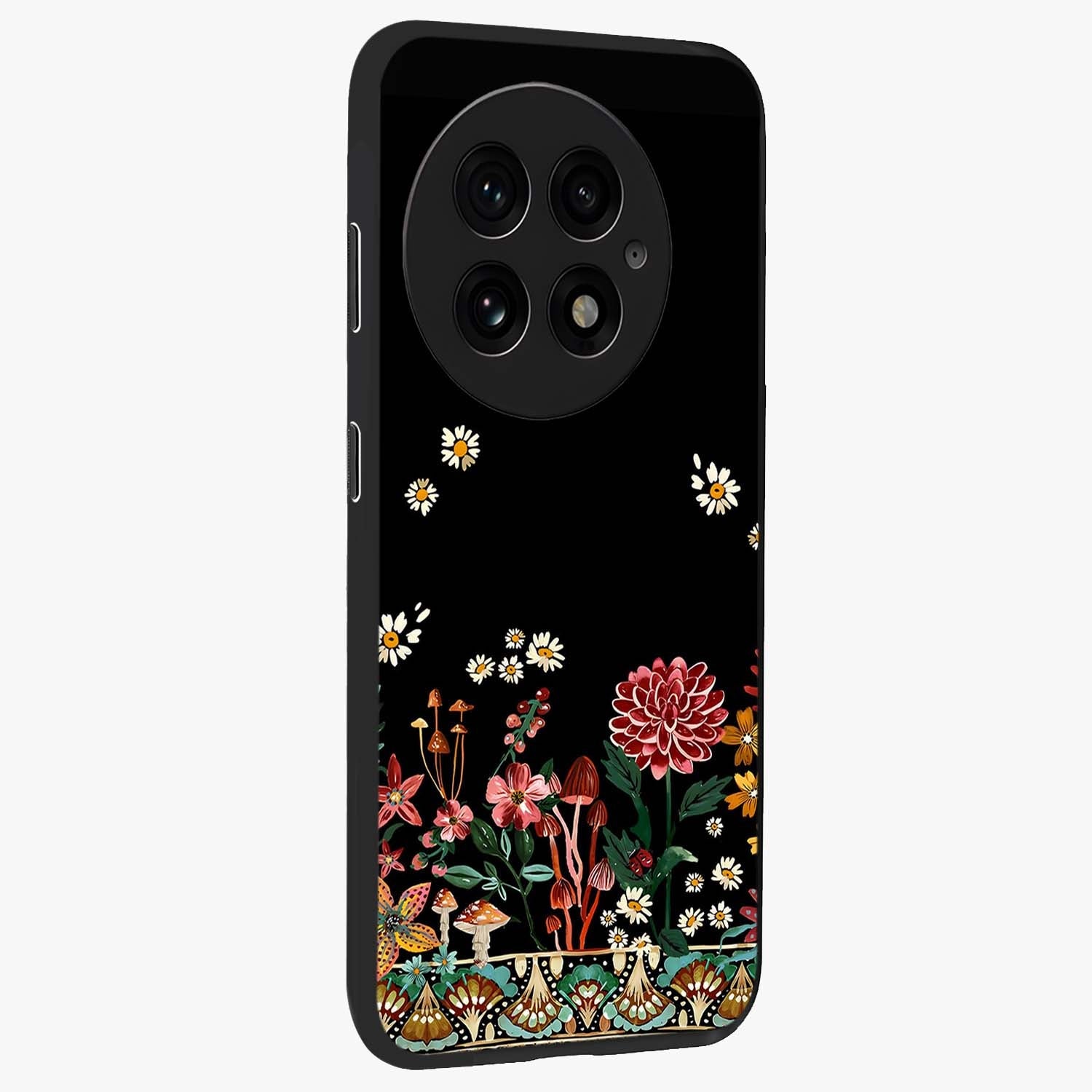Midnight Bloom Pattern Glass Case for 1+13 side perspective highlighting intricate floral textures and premium edges