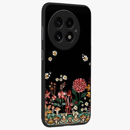 Midnight Bloom Pattern Glass Case for 1+13 side perspective highlighting intricate floral textures and premium edges