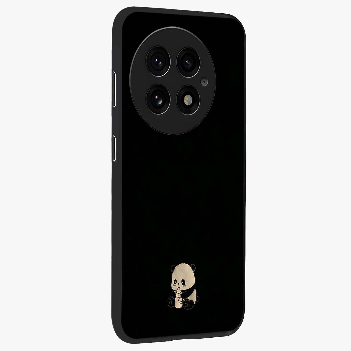 Midnight Panda Love Glass Case for 1+13 side perspective highlighting charming illustration details and premium build