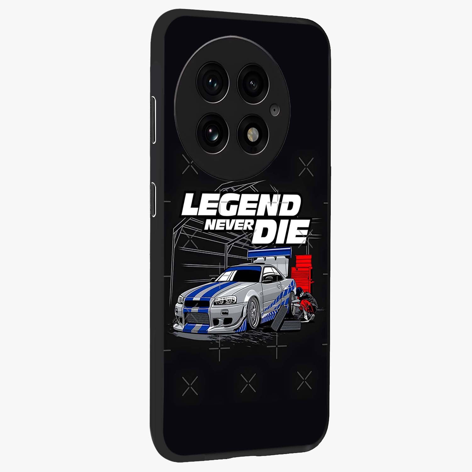 Midnight Racing Legacy Glass Case for 1+13 side perspective highlighting sleek speed textures and premium edges