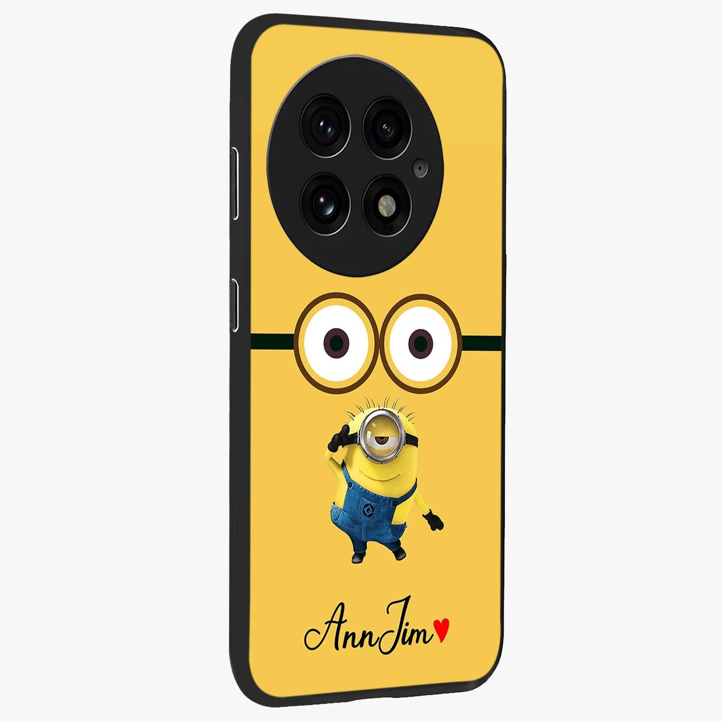 Minion Custom Name Glass Case for 1+13 side perspective highlighting custom typography and smooth premium build