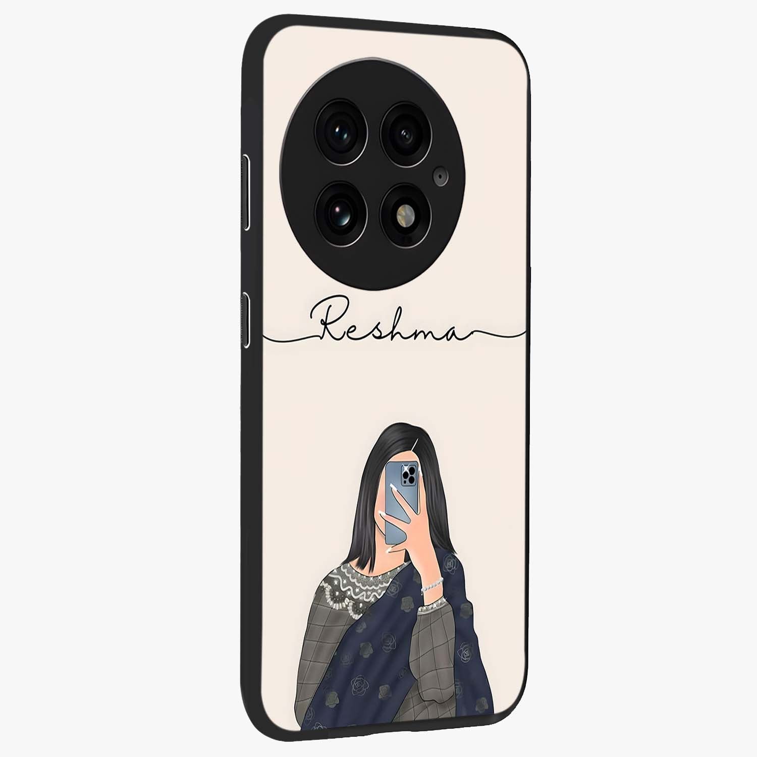 Mirror Mood Muse With Custom Name Glass Case for 1+13 side perspective highlighting custom text detailing and premium edges