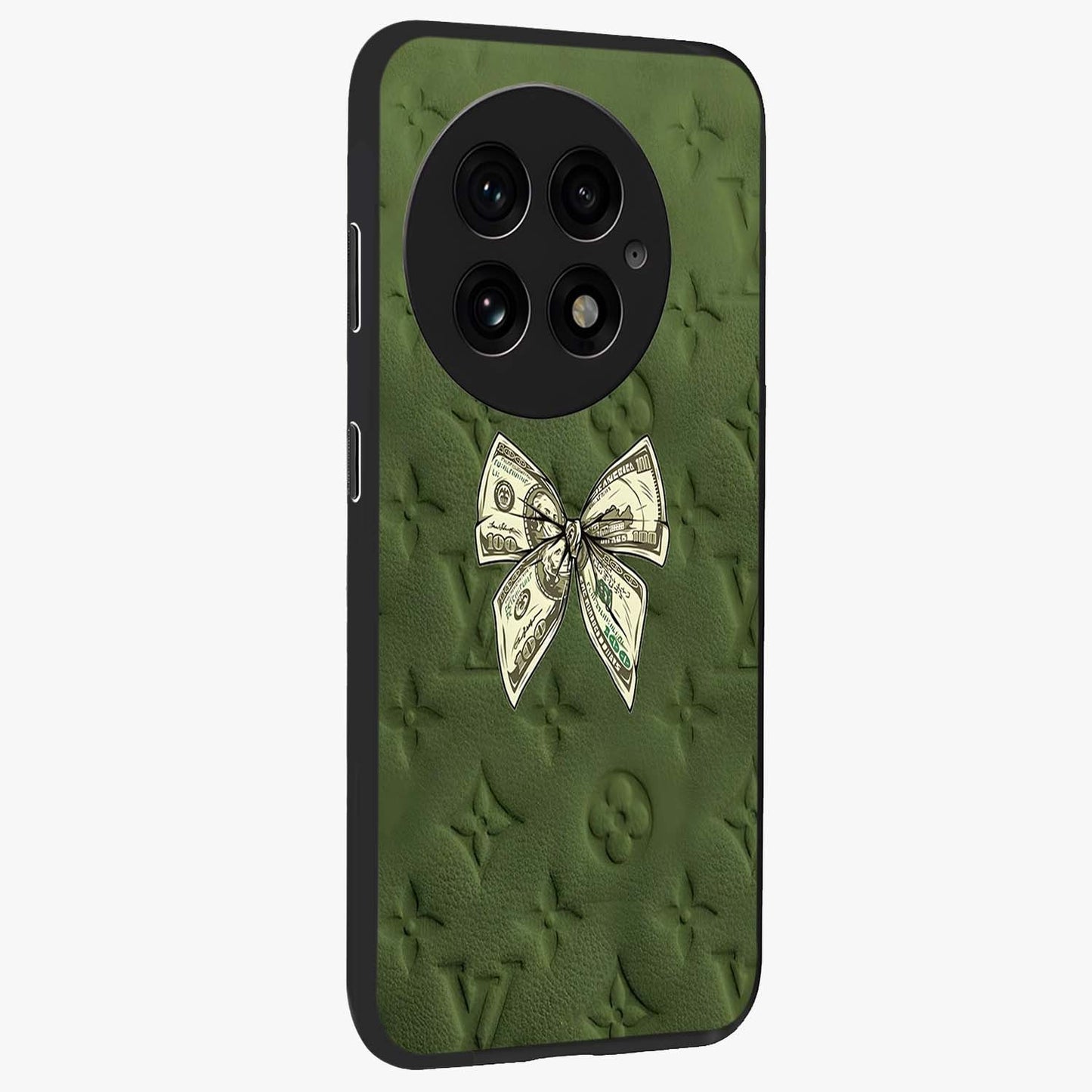 Money Bow Lv Glass Case for 1+13 side perspective highlighting stylish textures and sleek build
