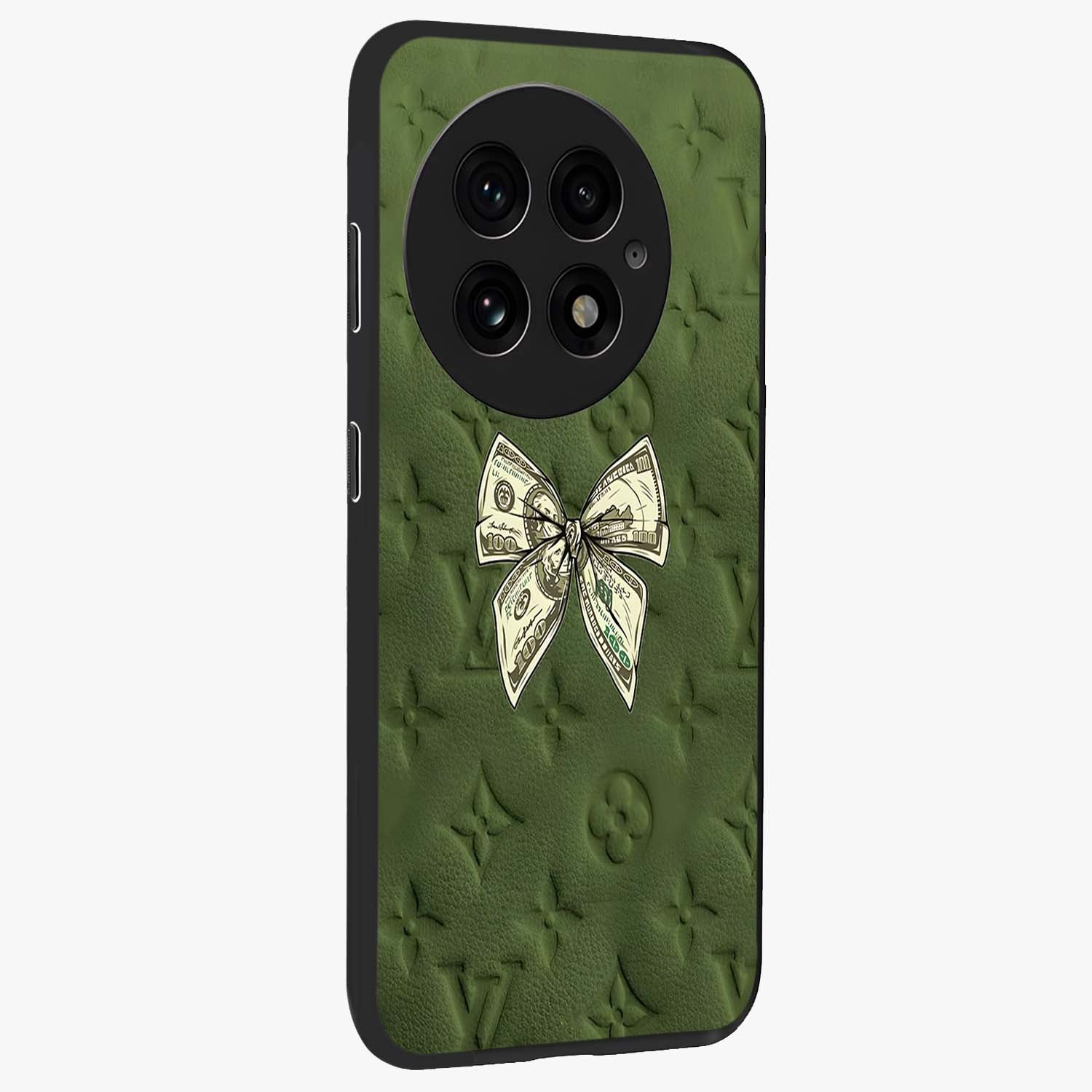 Money Bow Lv Glass Case for 1+13 side perspective highlighting stylish textures and sleek build