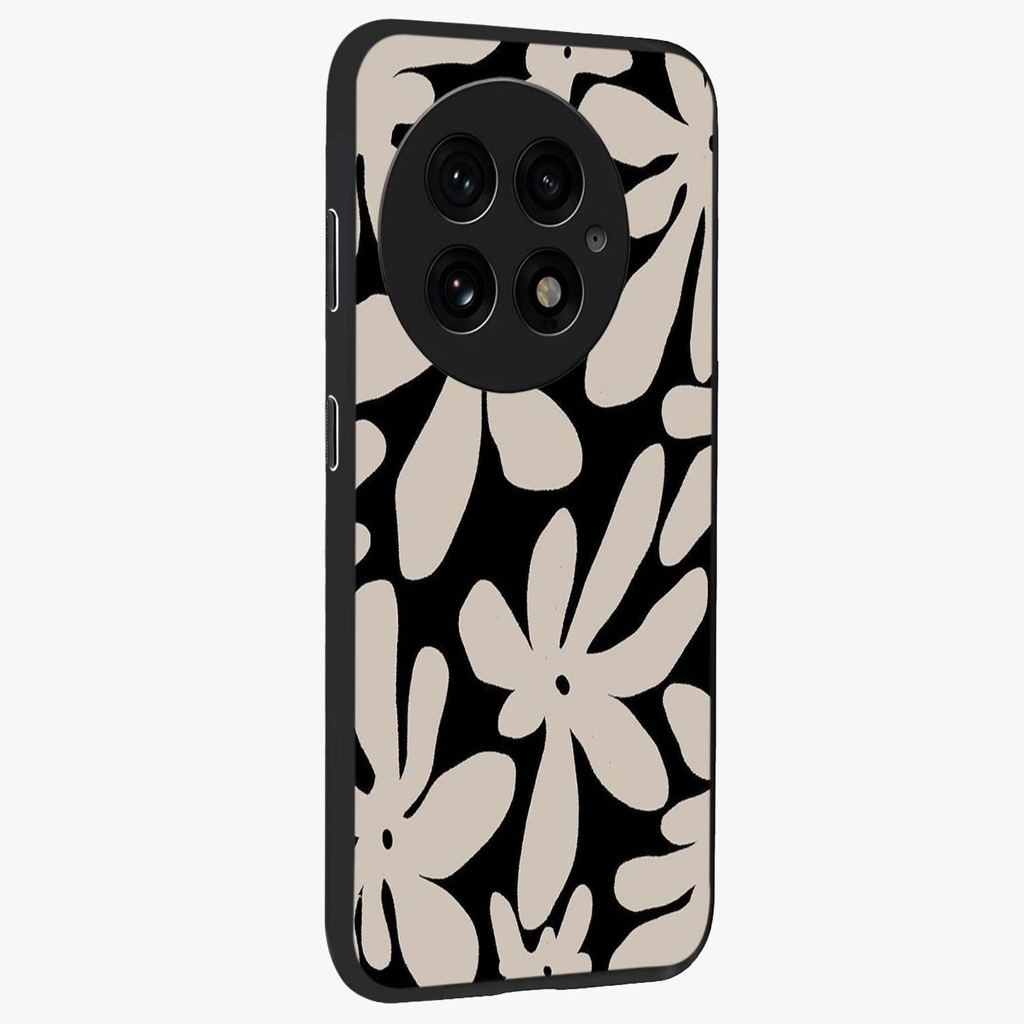 Monochrome Petal Dance Glass Case for 1+13 side perspective highlighting refined textures and premium edges