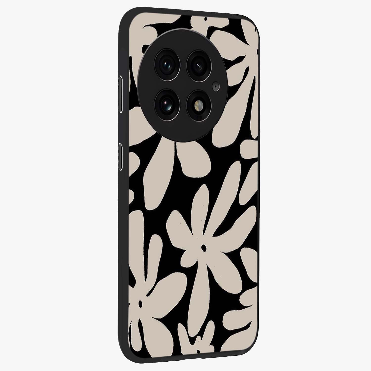 Monochrome Petal Dance Glass Case for 1+13 side perspective highlighting refined textures and premium edges