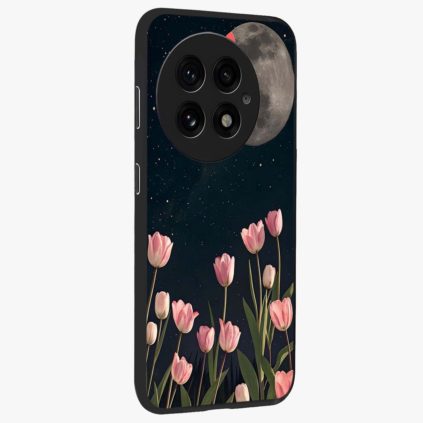 Moonlit Night Tulip Glass Case for 1+13 side perspective highlighting delicate petal textures and sleek build