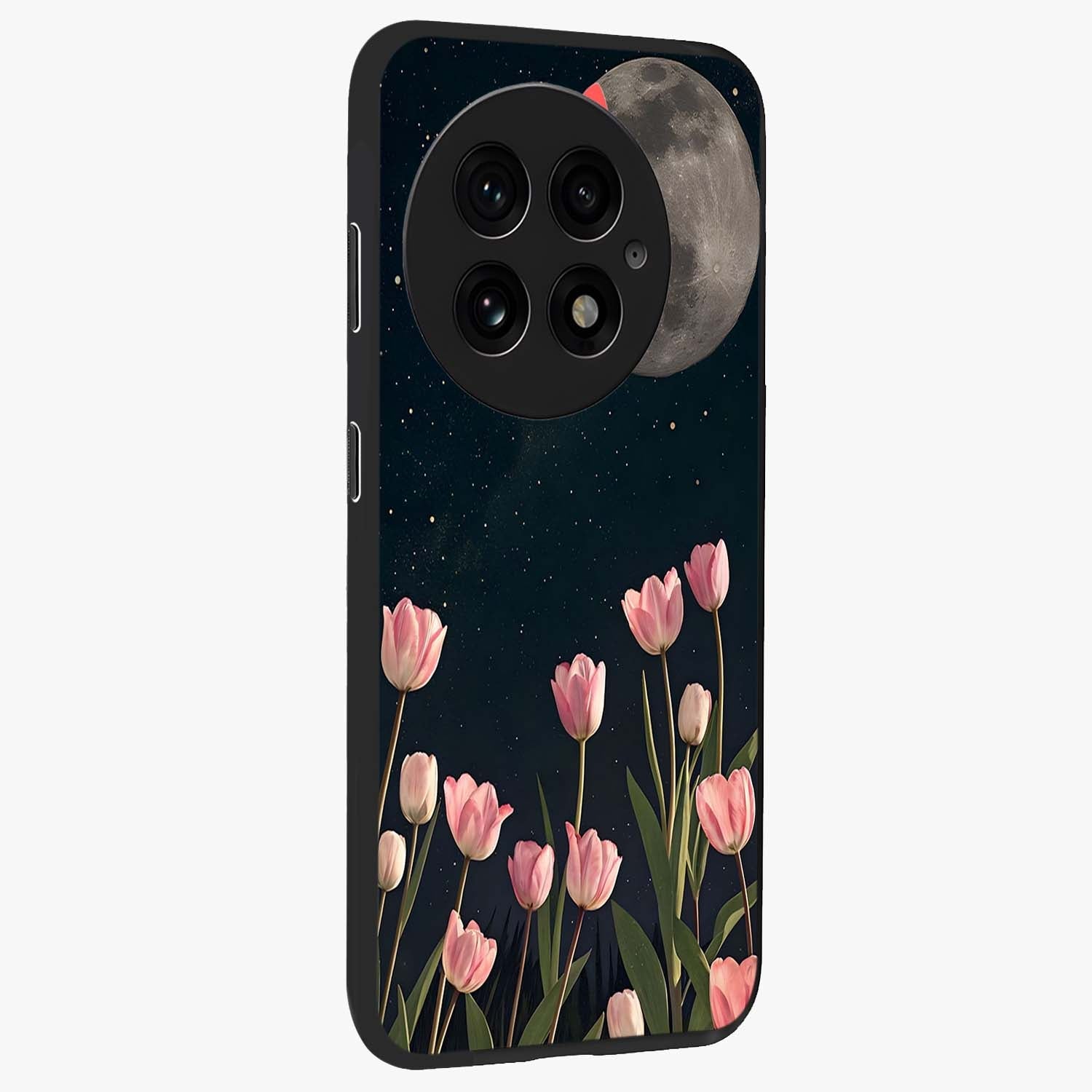 Moonlit Night Tulip Glass Case for 1+13 side perspective highlighting delicate petal textures and sleek build
