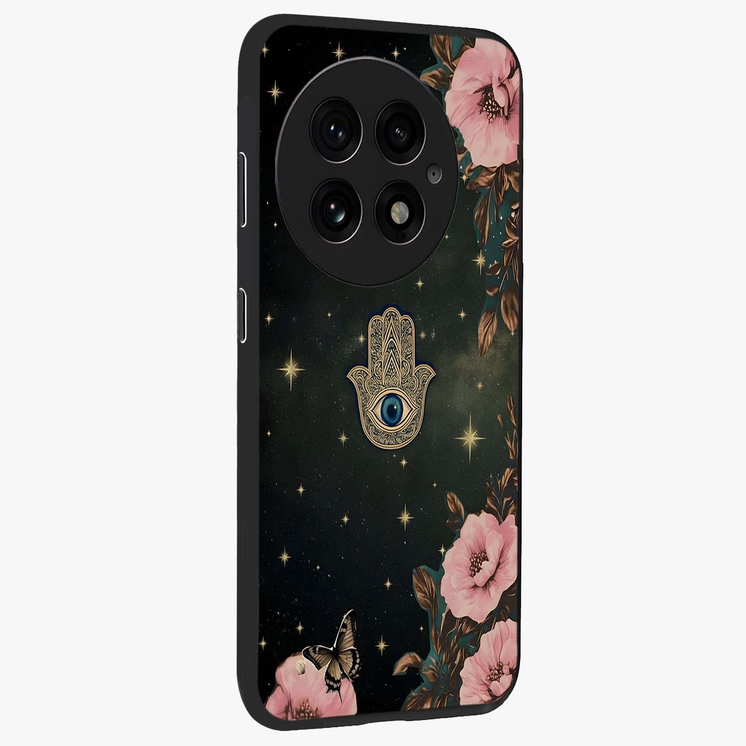 Mystic Bloom Protection Glass Case for 1+13 side perspective highlighting intricate bloom textures and sleek build