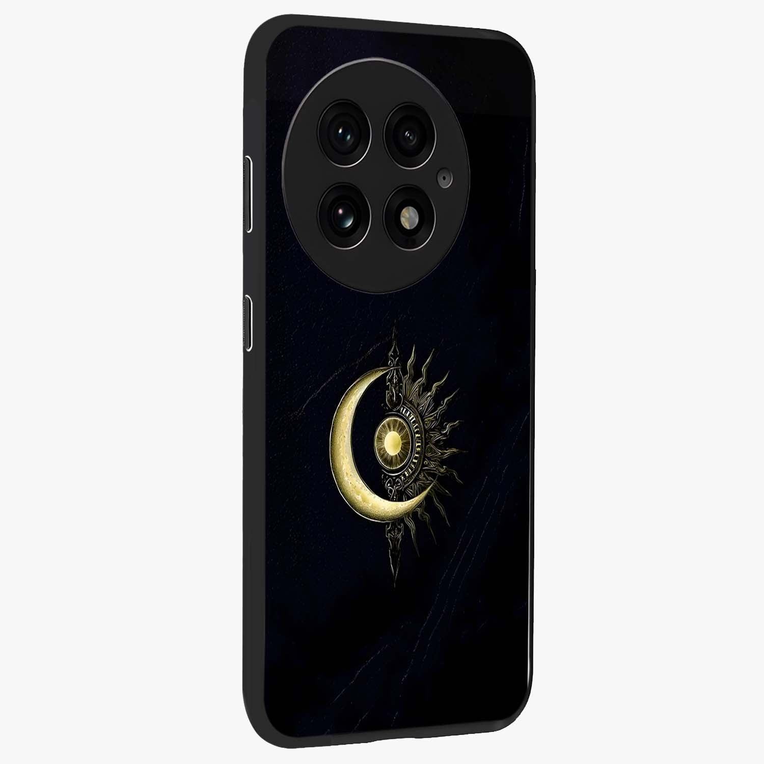 Mystic Lunar Flame Glass Case for 1+13 side perspective highlighting intense flame textures and premium build